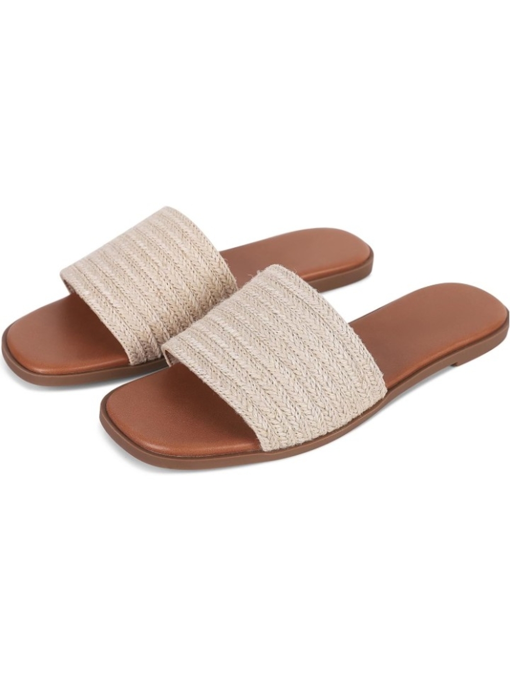 Raffia Flat Slide Sandals Square Toe Straw Woven Beach Slides Slip On Summer